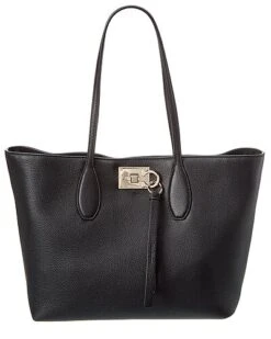 Salvatore Ferragamo Udio Leather Tote Women Grey -City Bag Corner 1161178954 RLLD black 1 1